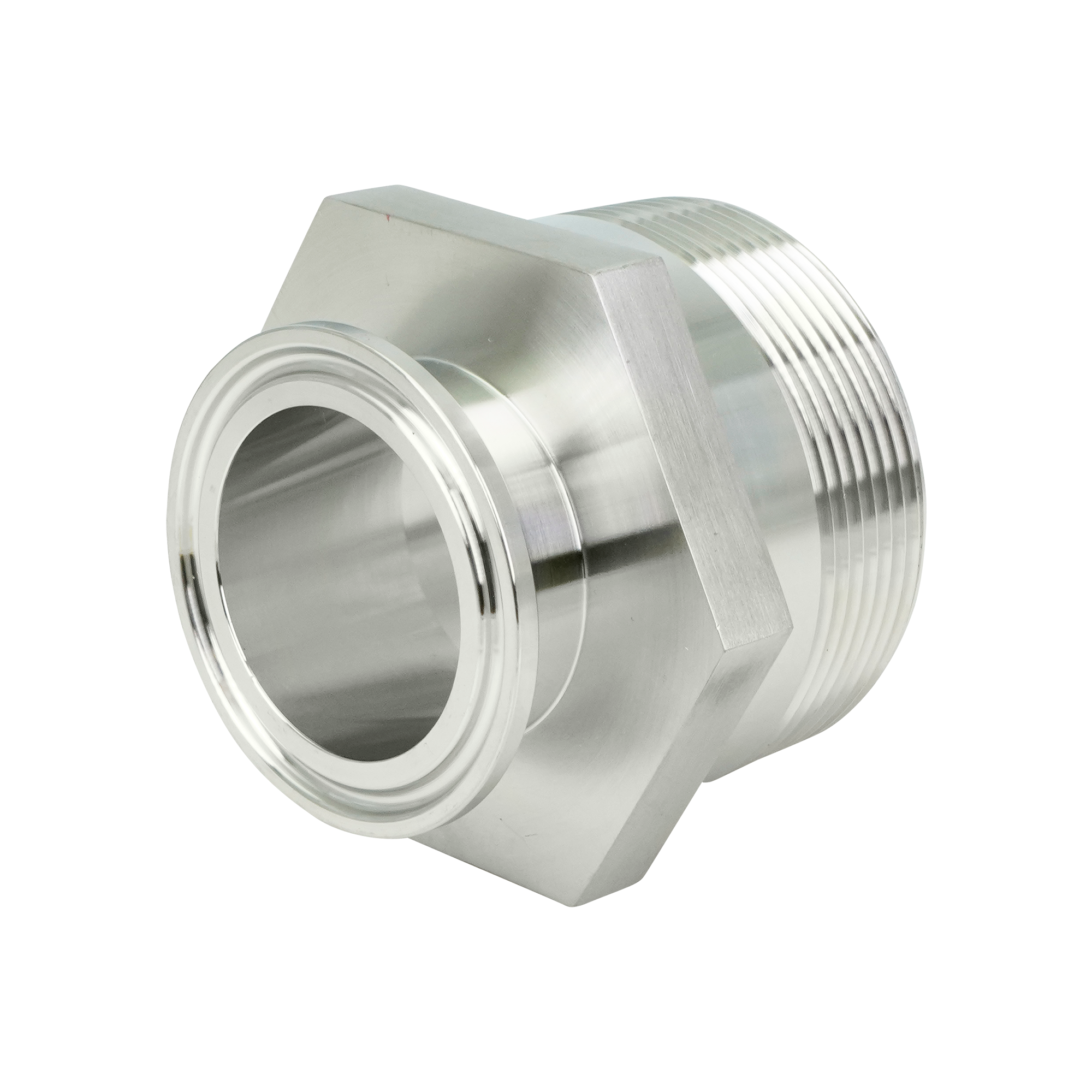 Adapter, 1.5-inch tri-clamp to 2-inch MPT, made from 304 stainless steel, with a 32RA internal and external finish.