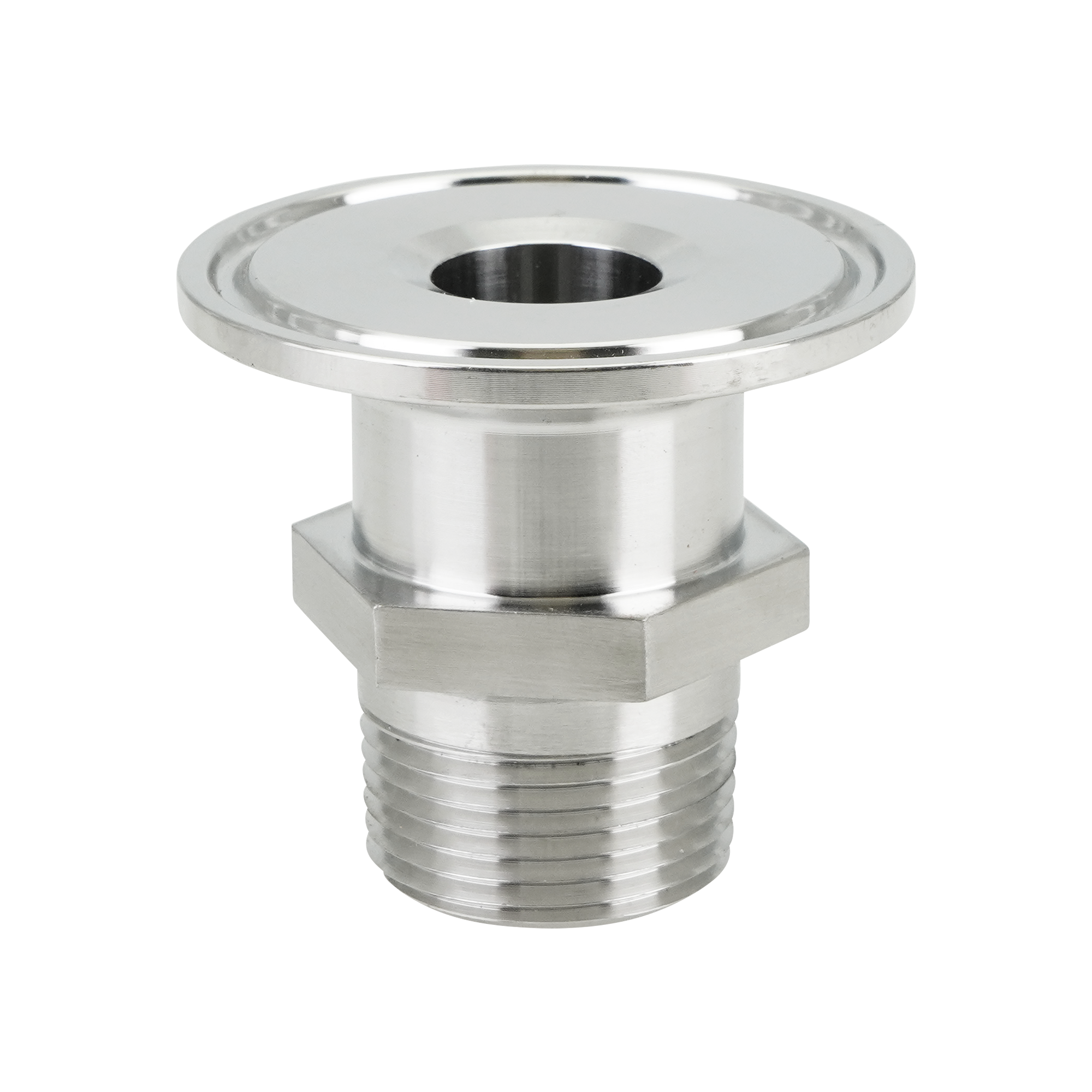 1-inch tri-clamp to 0.75-inch MPT adapter, made from 304 stainless steel, with a 32RA internal and external finish.