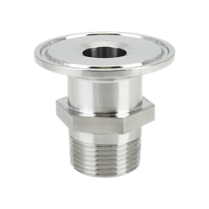 1-inch tri-clamp to 0.75-inch MPT adapter, made from 304 stainless steel, with a 32RA internal and external finish.