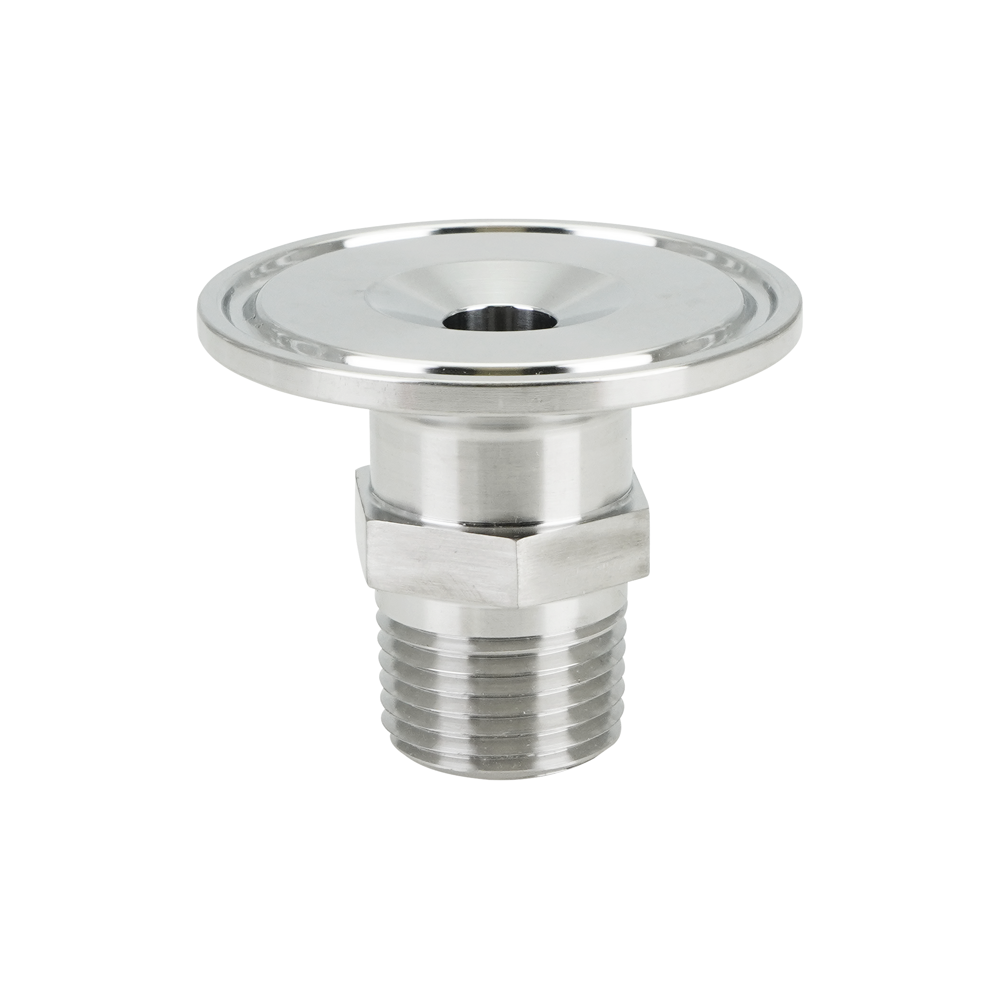 Adapter with a 1-inch tri-clamp to a 0.5-inch male pipe thread, constructed from 316L stainless steel, with a 20RA internal and 32RA outer surface finish.

