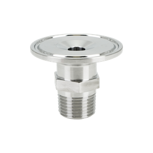 Adapter with a 1-inch tri-clamp to a 0.5-inch male pipe thread, constructed from 316L stainless steel, with a 20RA internal and 32RA outer surface finish.

