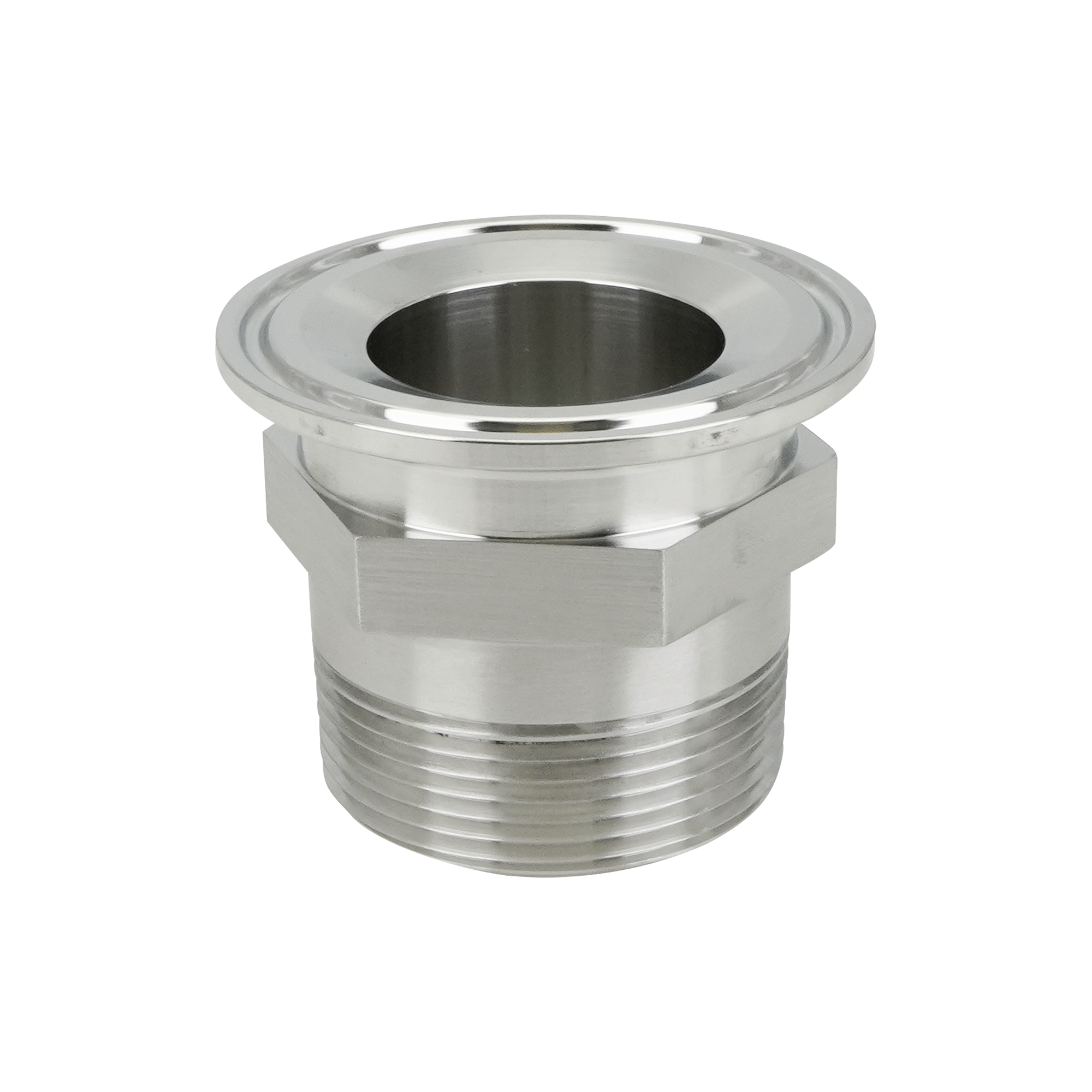 2-inch tri-clamp to 1.5-inch MPT adapter, constructed from 316L stainless steel, with a 32RA internal and external surface finish.