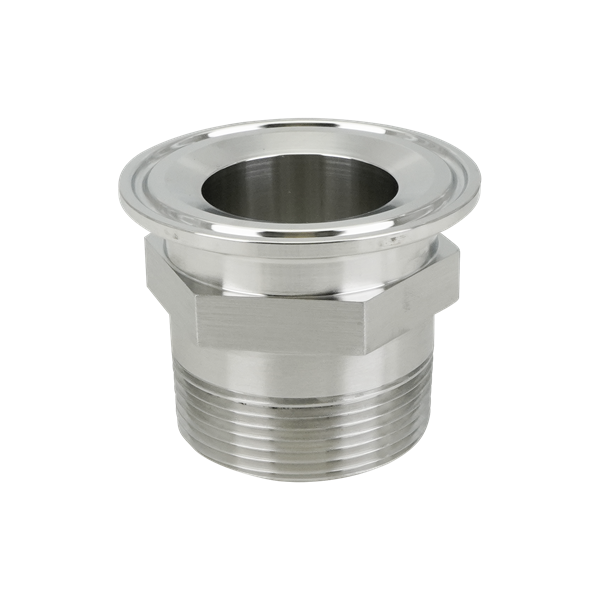 2-inch tri-clamp to 1.5-inch MPT adapter, constructed from 316L stainless steel, with a 32RA internal and external surface finish.