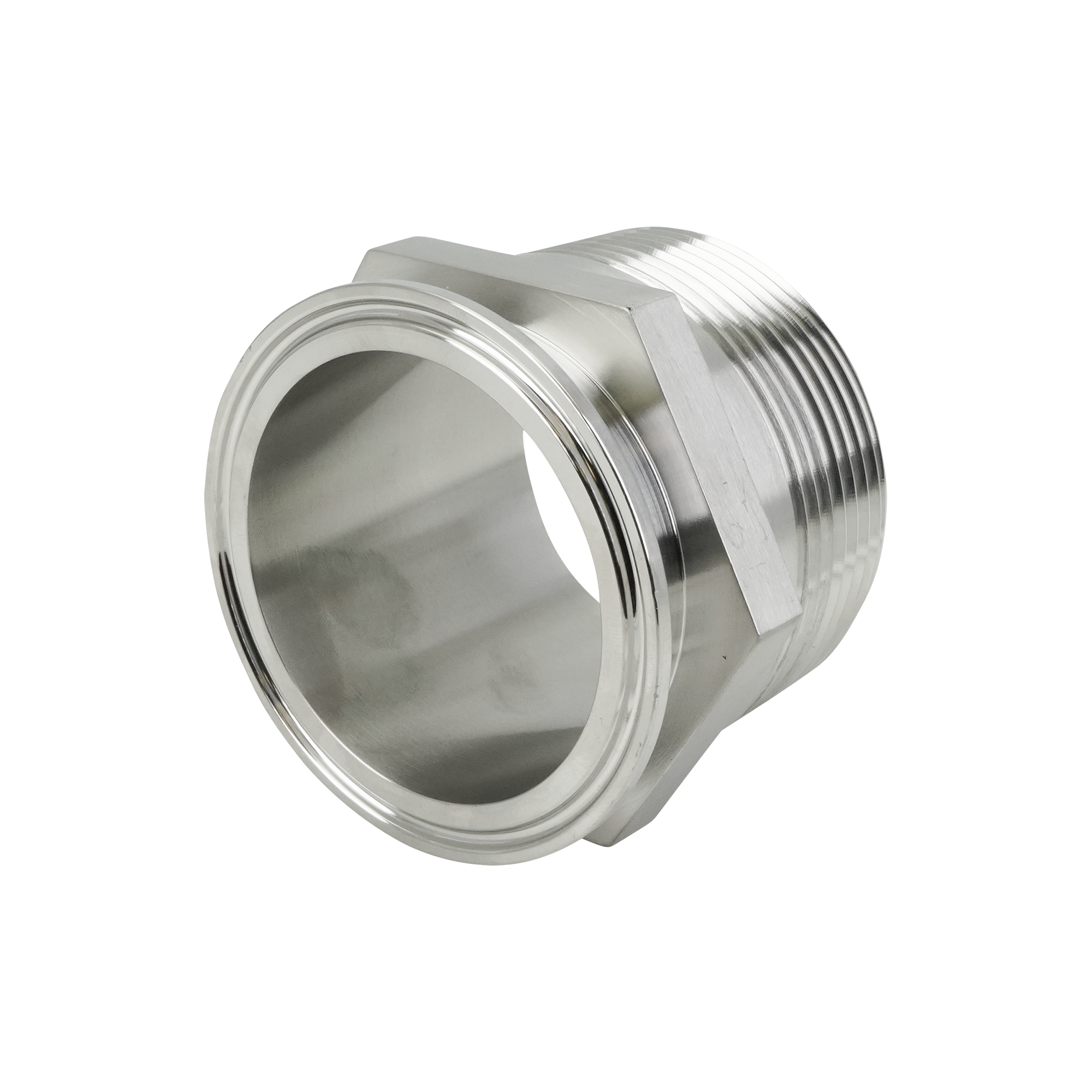 2.5-inch tri-clamp to 2.5-inch MPT adapter, constructed from 316L stainless steel, with a 32RA internal and external finish.
