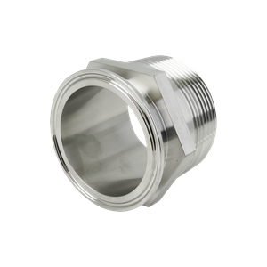 2.5-inch tri-clamp to 2.5-inch MPT adapter, constructed from 316L stainless steel, with a 32RA internal and external finish.