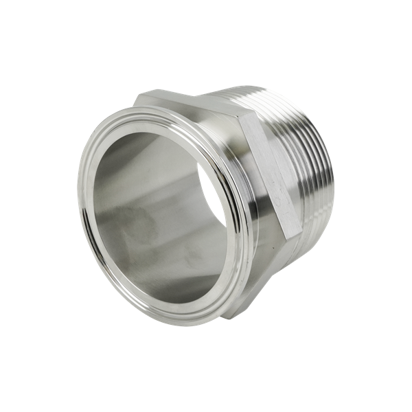 2.5-inch tri-clamp to 2.5-inch MPT adapter, constructed from 316L stainless steel, with a 32RA internal and external finish.
