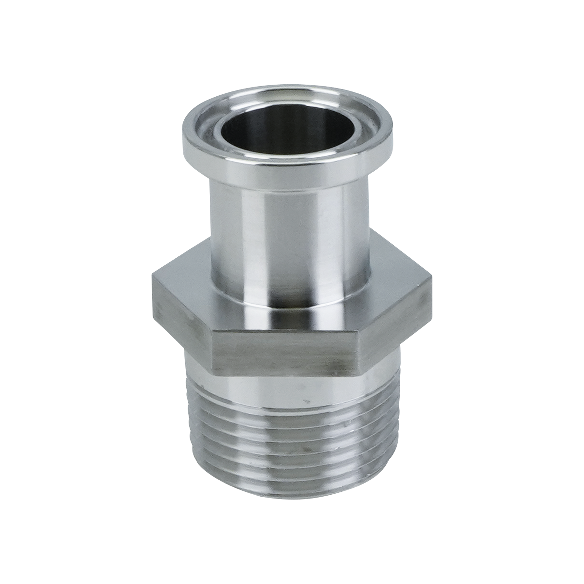 adapter, 0.75-inch Tri-Clamp to 0.75-inch male pipe thread, made from 316L stainless steel, with 20RA interior and 32RA exterior surface finish
