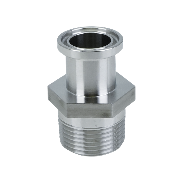 adapter, 0.75-inch Tri-Clamp to 0.75-inch male pipe thread, made from 316L stainless steel, with 20RA interior and 32RA exterior surface finish
