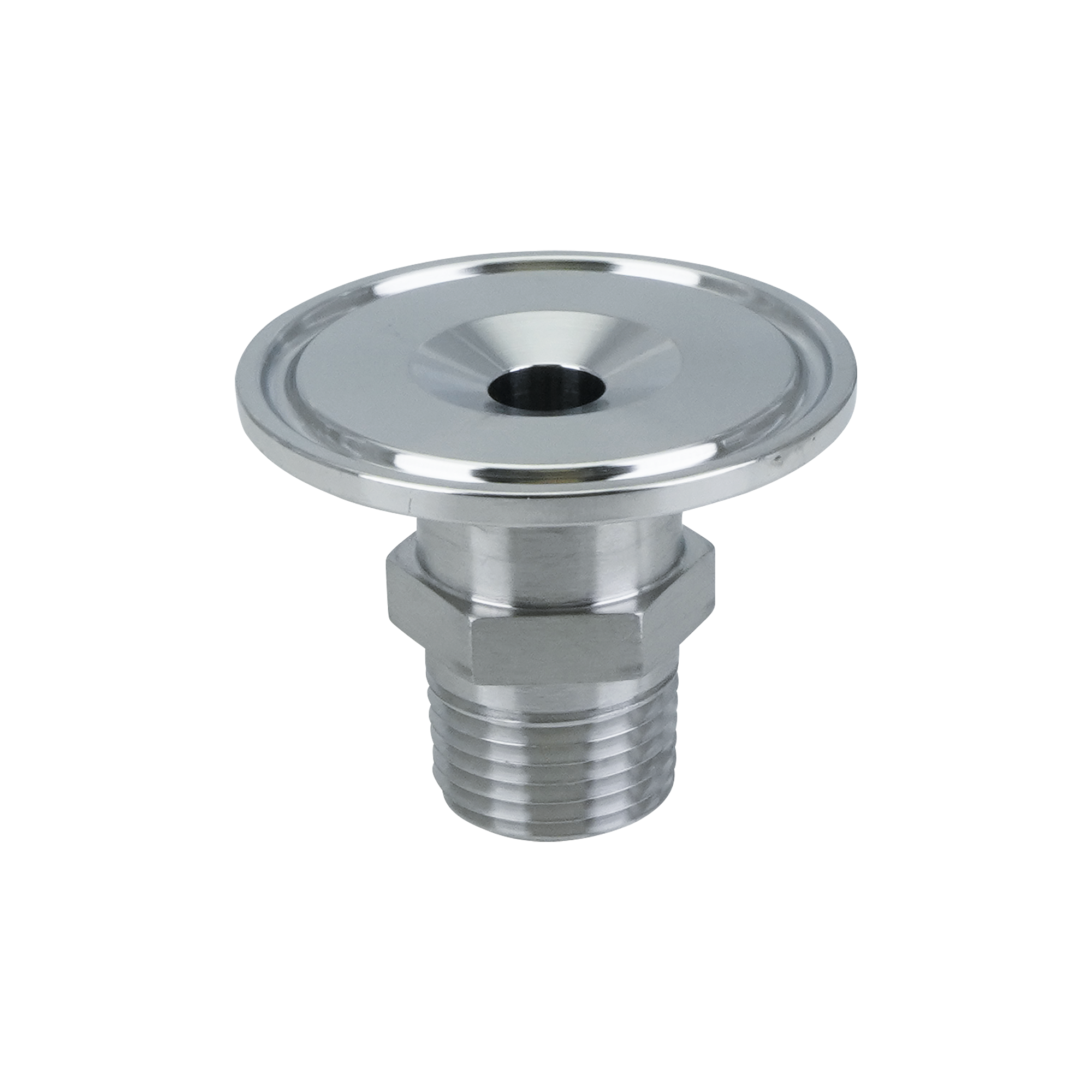 adapter, 1-inch Tri-Clamp to 0.5-inch male pipe thread, made from 316L stainless steel, with 32RA interior and exterior surface finish