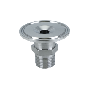 adapter, 1-inch Tri-Clamp to 0.5-inch male pipe thread, made from 316L stainless steel, with 32RA interior and exterior surface finish