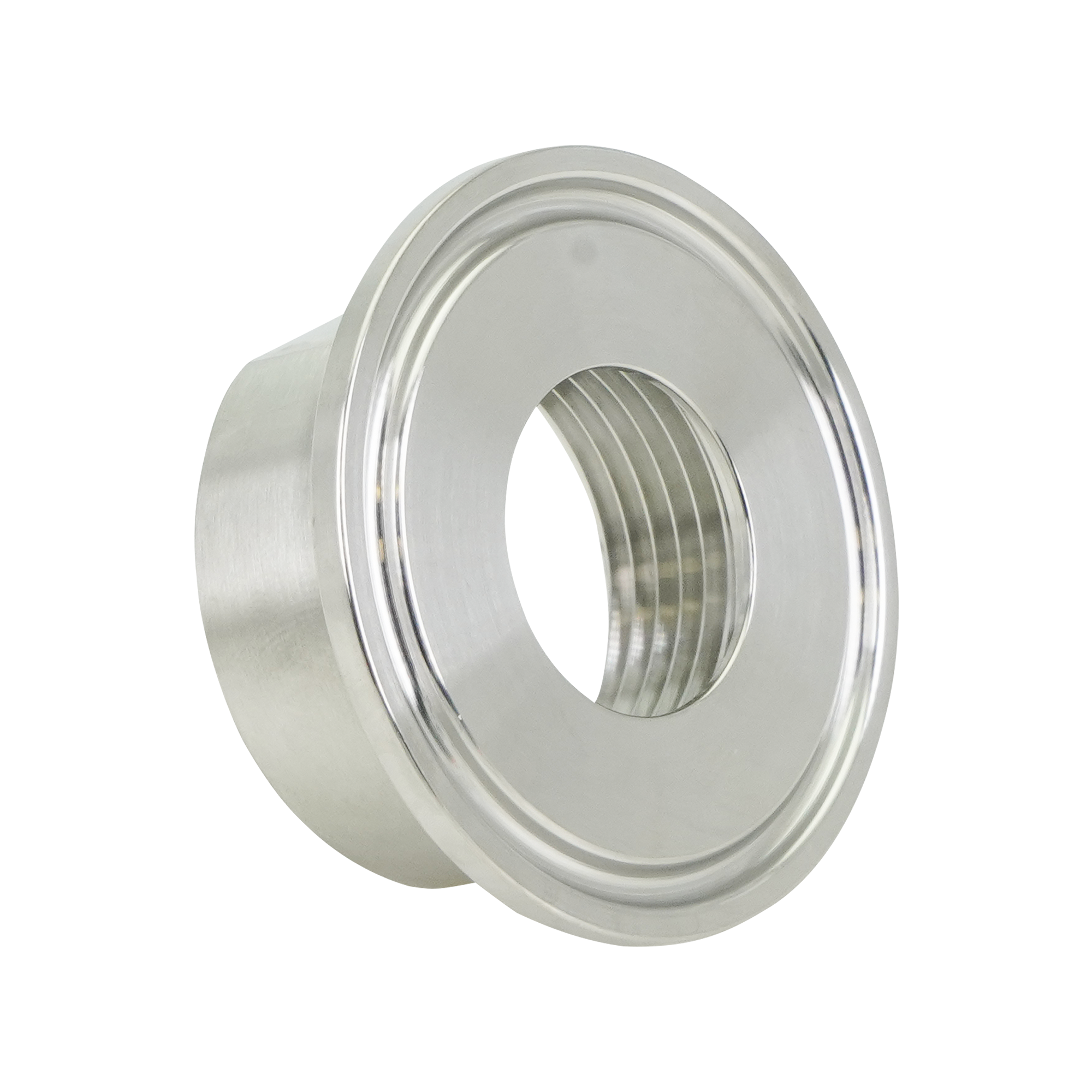 1-inch tri-clamp to 1-inch FPT adapter, made from 304 stainless steel, with a 32RA internal and external finish.