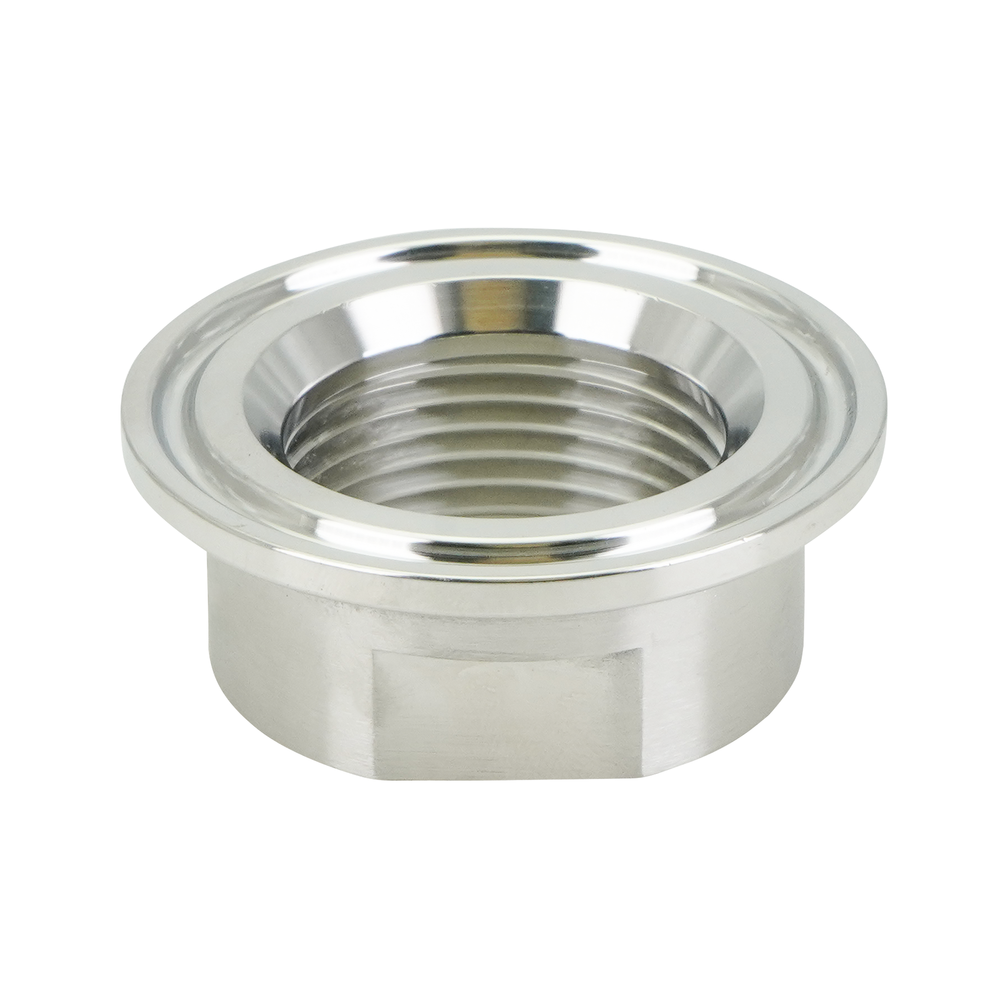 Adapter, 1.5-inch tri-clamp to 1-inch FPT, made of 316L stainless steel, with a 32RA internal and external finish.