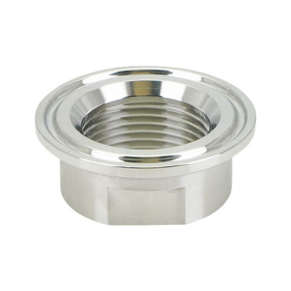 Adapter, 1.5-inch tri-clamp to 1-inch FPT, made of 316L stainless steel, with a 32RA internal and external finish.
