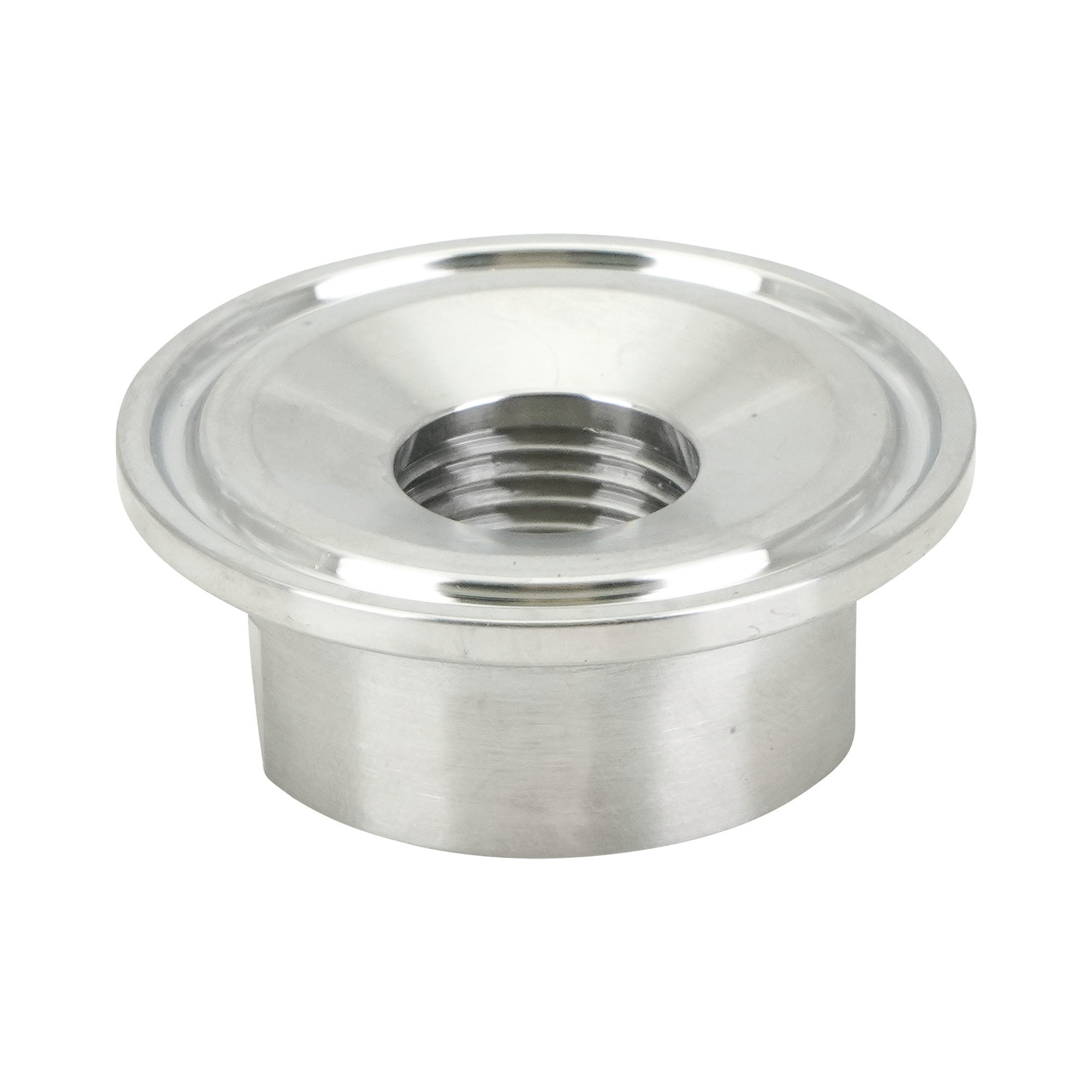 Adapter, 1.5-inch tri-clamp to 0.5-inch FPT, made of 316L stainless steel, with a 20RA internal finish and 32RA external finish.
