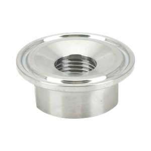 Adapter, 1.5-inch tri-clamp to 0.5-inch FPT, made of 316L stainless steel, with a 20RA internal finish and 32RA external finish.
