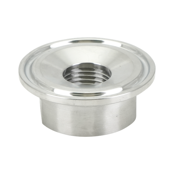 Adapter, 1.5-inch tri-clamp to 0.5-inch FPT, made of 316L stainless steel, with a 20RA internal finish and 32RA external finish.
