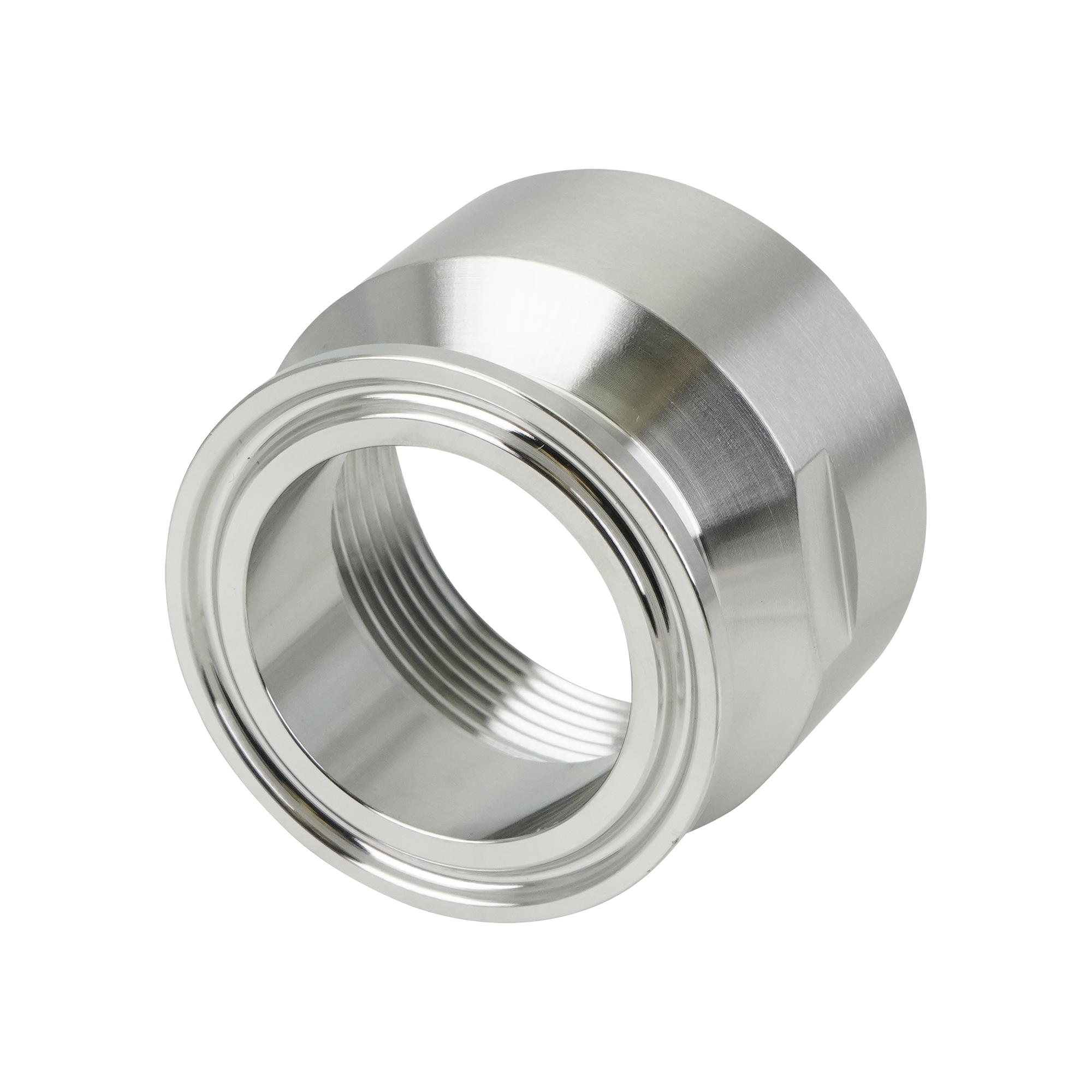 adapter, 1.5-inch Tri-Clamp to 1.5-inch female pipe thread, made from 304 stainless steel, with 32RA interior and exterior surface finish