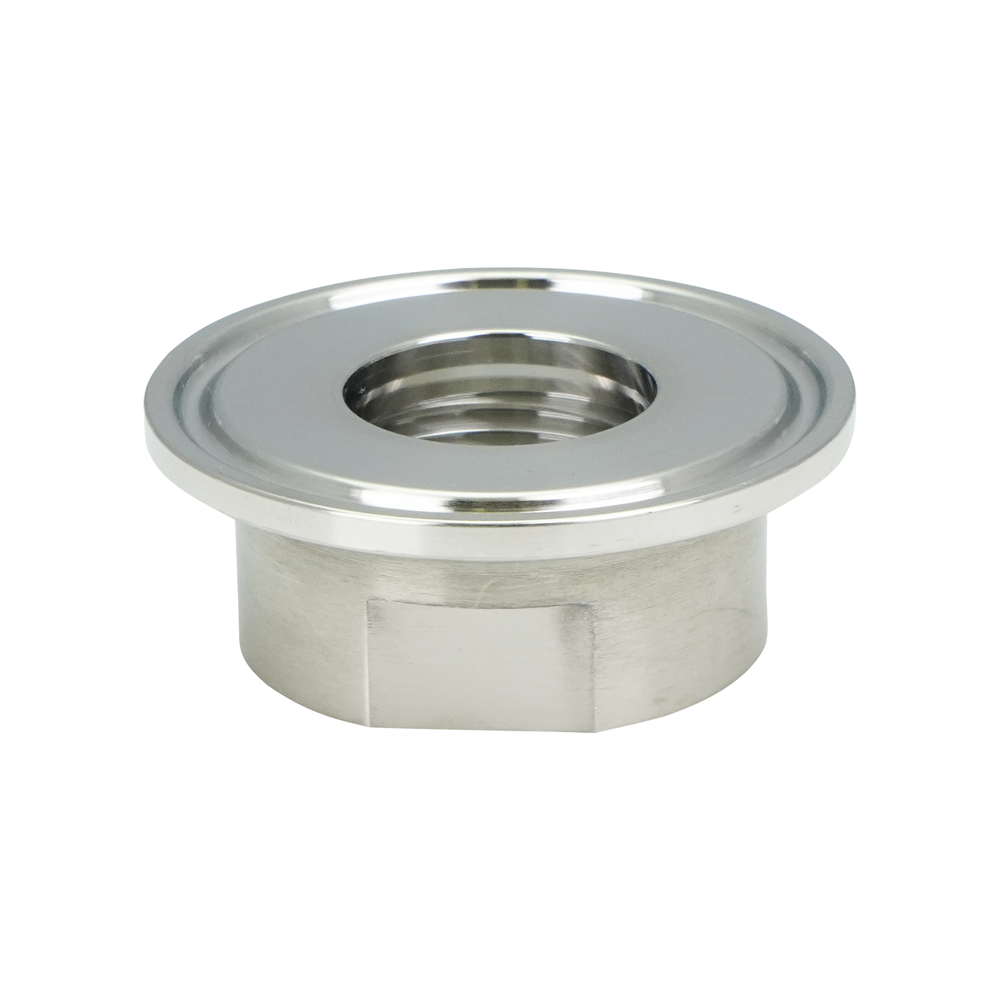 Adapter, 1-inch tri-clamp to 0.75-inch female pipe thread, made of 316L stainless steel, with a 20RA inner diameter and 32RA outer diameter.

