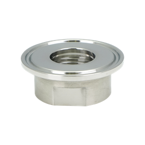 Adapter, 1-inch tri-clamp to 0.75-inch female pipe thread, made of 316L stainless steel, with a 20RA inner diameter and 32RA outer diameter.

