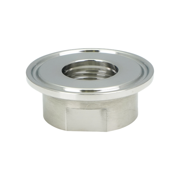 Adapter, 1-inch tri-clamp to 0.75-inch female pipe thread, made of 316L stainless steel, with a 20RA inner diameter and 32RA outer diameter.

