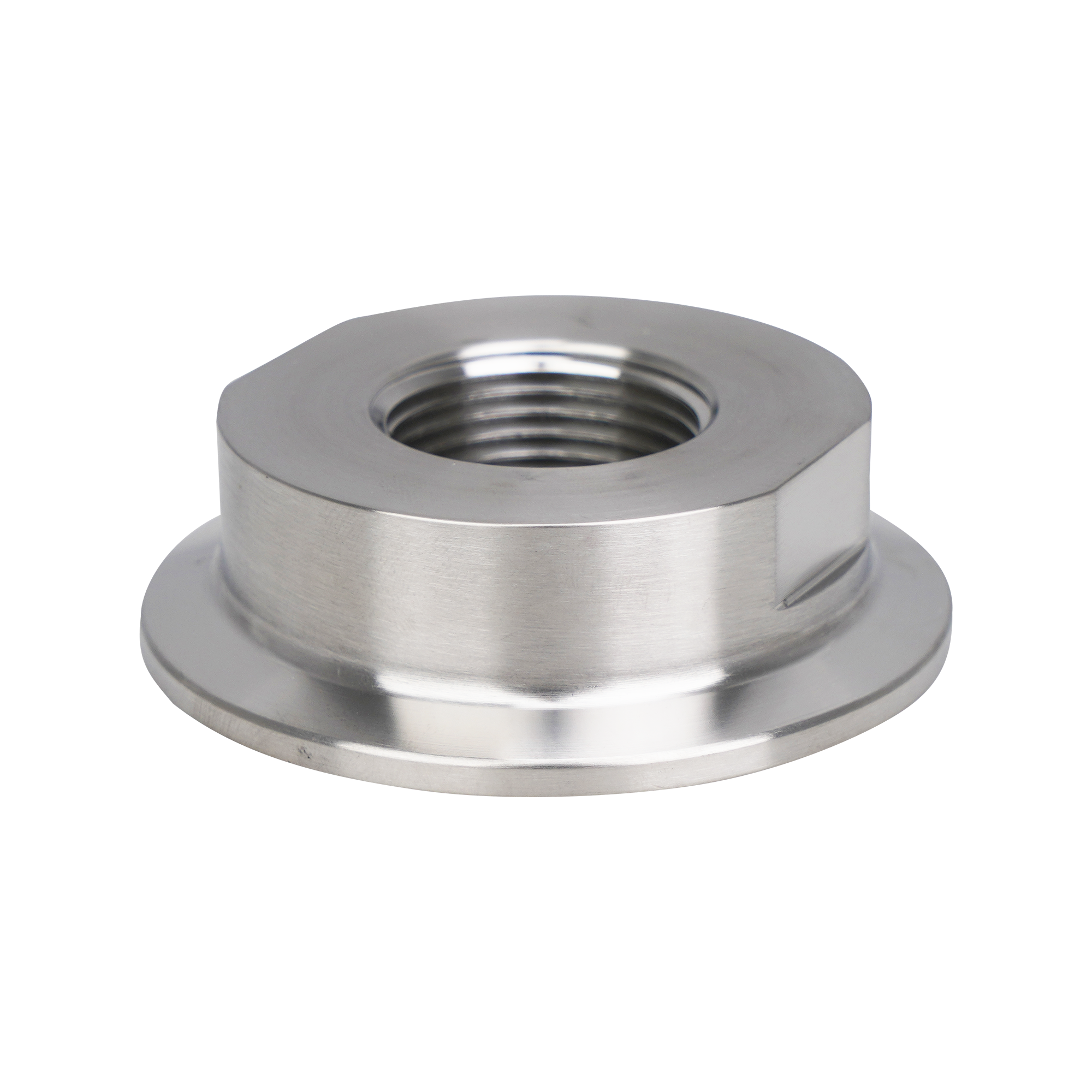 Adapter with 2-inch tri-clamp to 0.75-inch FPT connection, made of 316L stainless steel, featuring a 20RA internal finish and 32RA external finish.
