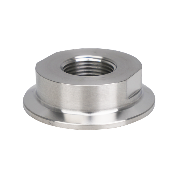 Adapter with 2-inch tri-clamp to 0.75-inch FPT connection, made of 316L stainless steel, featuring a 20RA internal finish and 32RA external finish.
