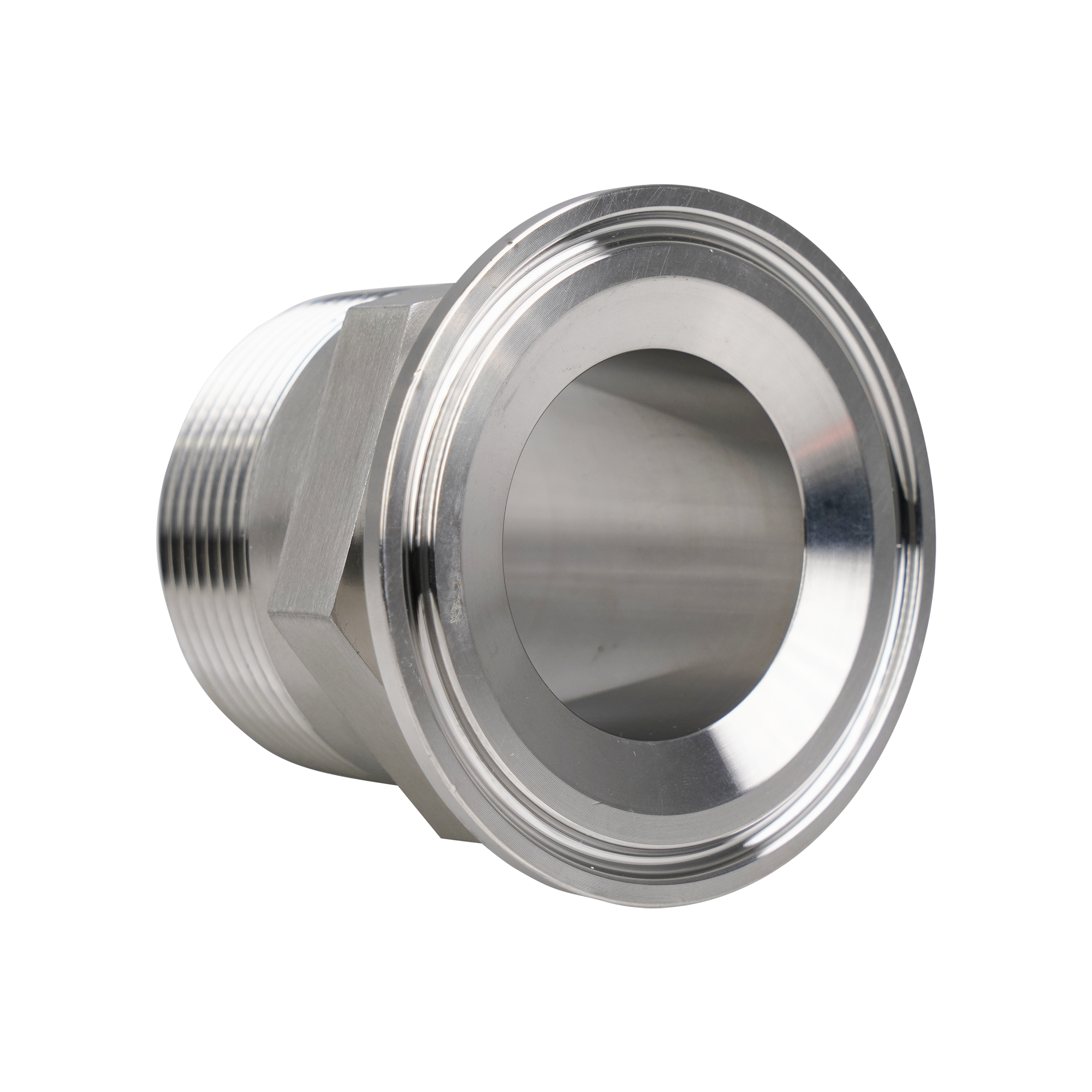 Adapter, 2-inch tri-clamp to 1.5-inch MPT, constructed from 304 stainless steel, with a 32RA internal and external finish.