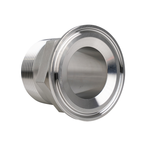 Adapter, 2-inch tri-clamp to 1.5-inch MPT, constructed from 304 stainless steel, with a 32RA internal and external finish.