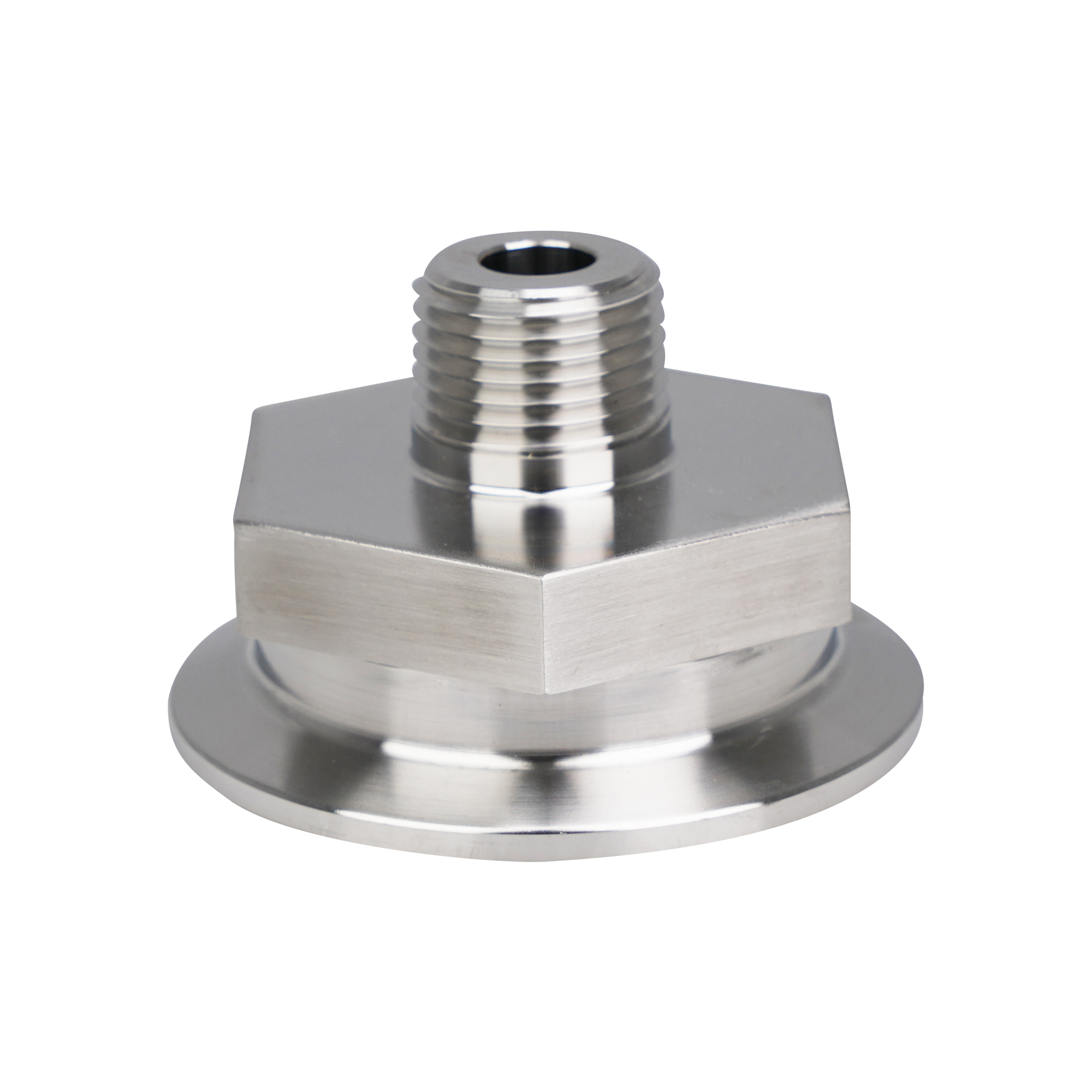 Adapter with 2-inch tri-clamp to 0.5-inch MPT connection, made from 316L stainless steel, featuring a 32RA internal and external surface finish.