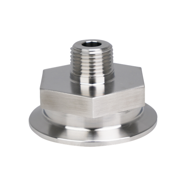 Adapter with 2-inch tri-clamp to 0.5-inch MPT connection, made from 316L stainless steel, featuring a 32RA internal and external surface finish.