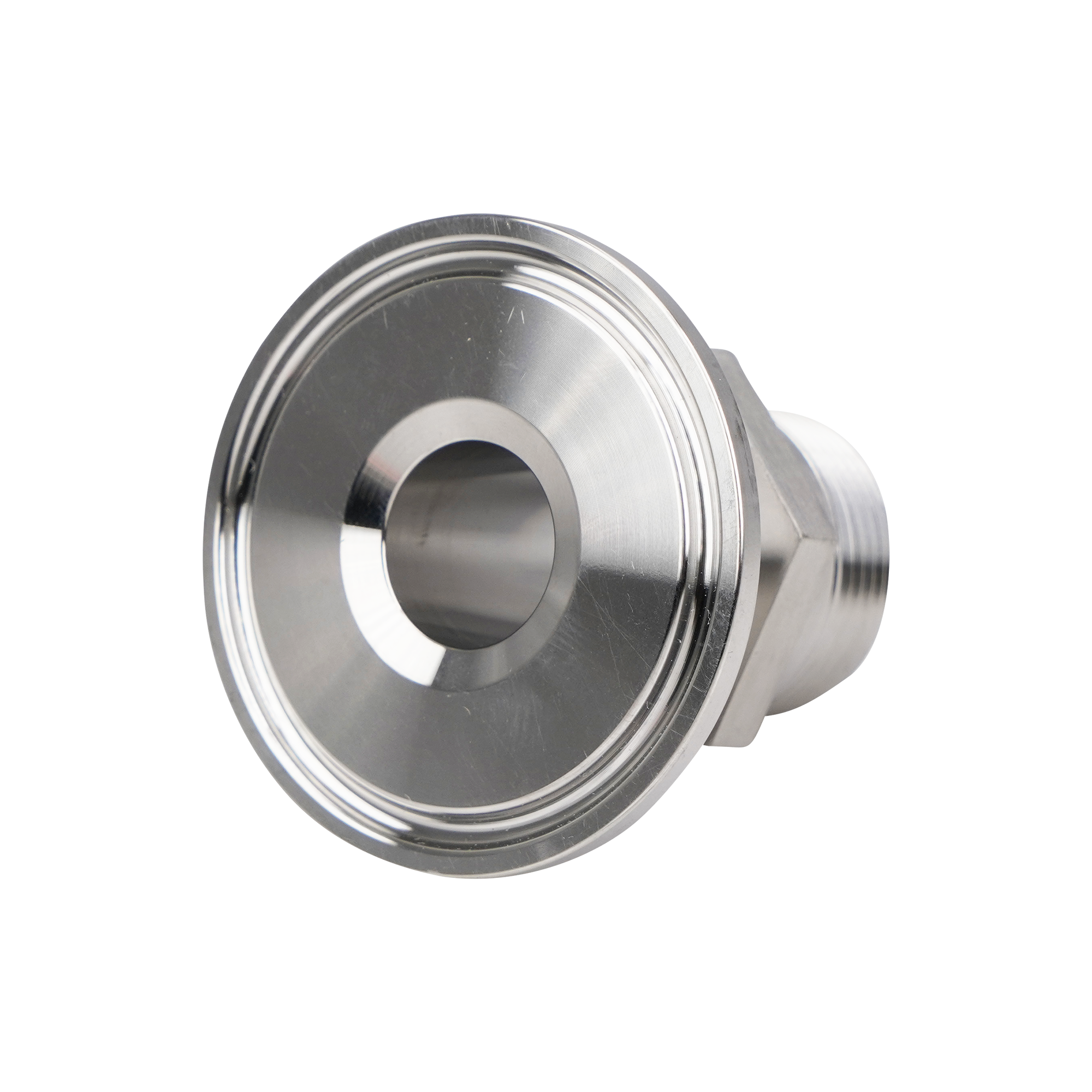 adapter, 1-inch Tri-Clamp to 0.75-inch male pipe thread, made from 316L stainless steel, with 32RA interior and exterior surface finish
