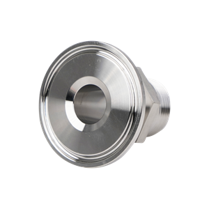 adapter, 1-inch Tri-Clamp to 0.75-inch male pipe thread, made from 316L stainless steel, with 32RA interior and exterior surface finish