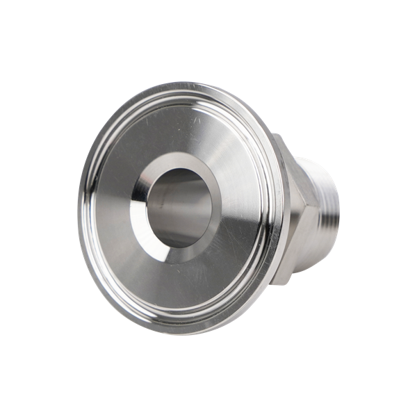 adapter, 1-inch Tri-Clamp to 0.75-inch male pipe thread, made from 316L stainless steel, with 32RA interior and exterior surface finish