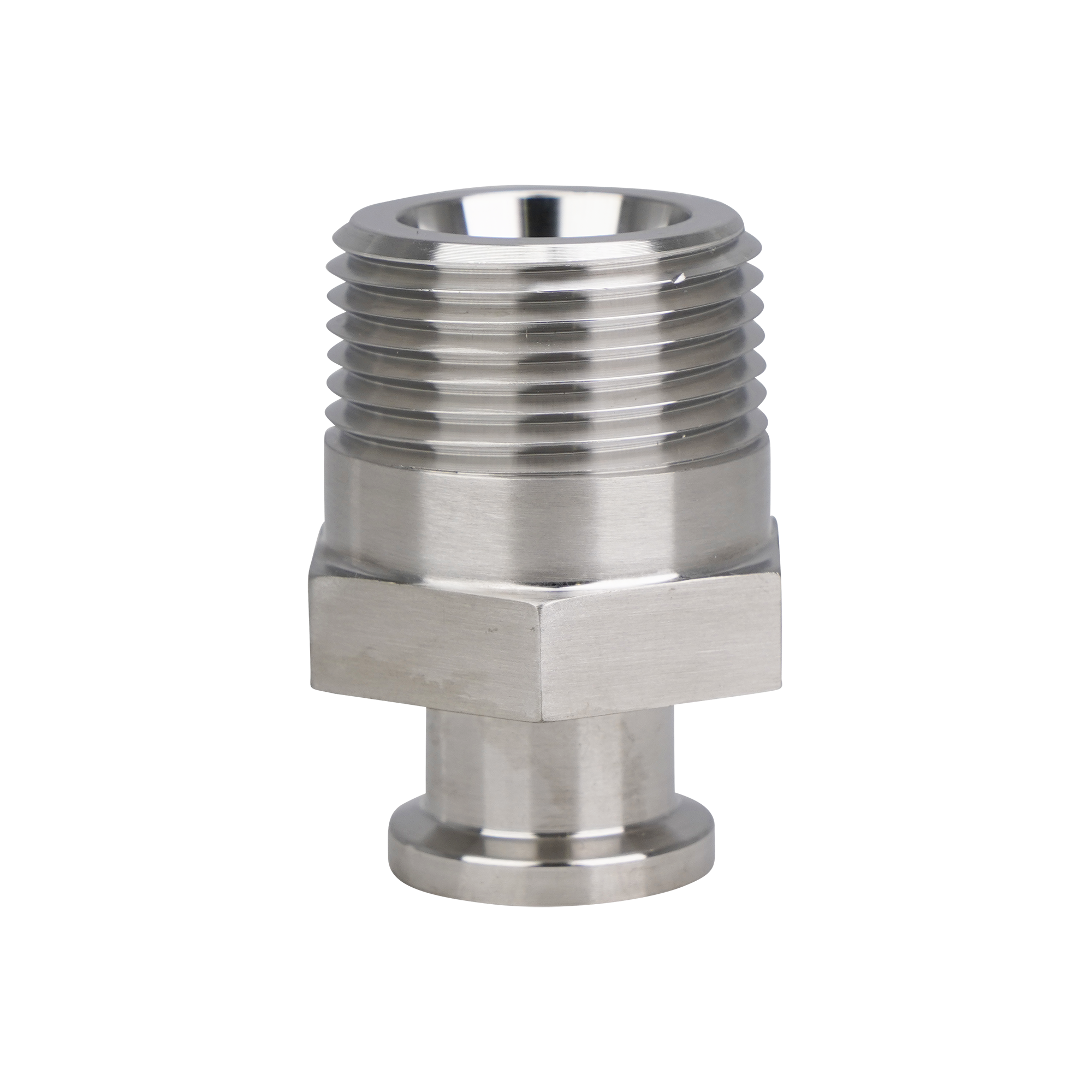 Adapter with 0.75-inch tri-clamp to 1-inch MPT connection, 2.25-inch overall length, made of 316L stainless steel, featuring a 32RA internal and external finish.