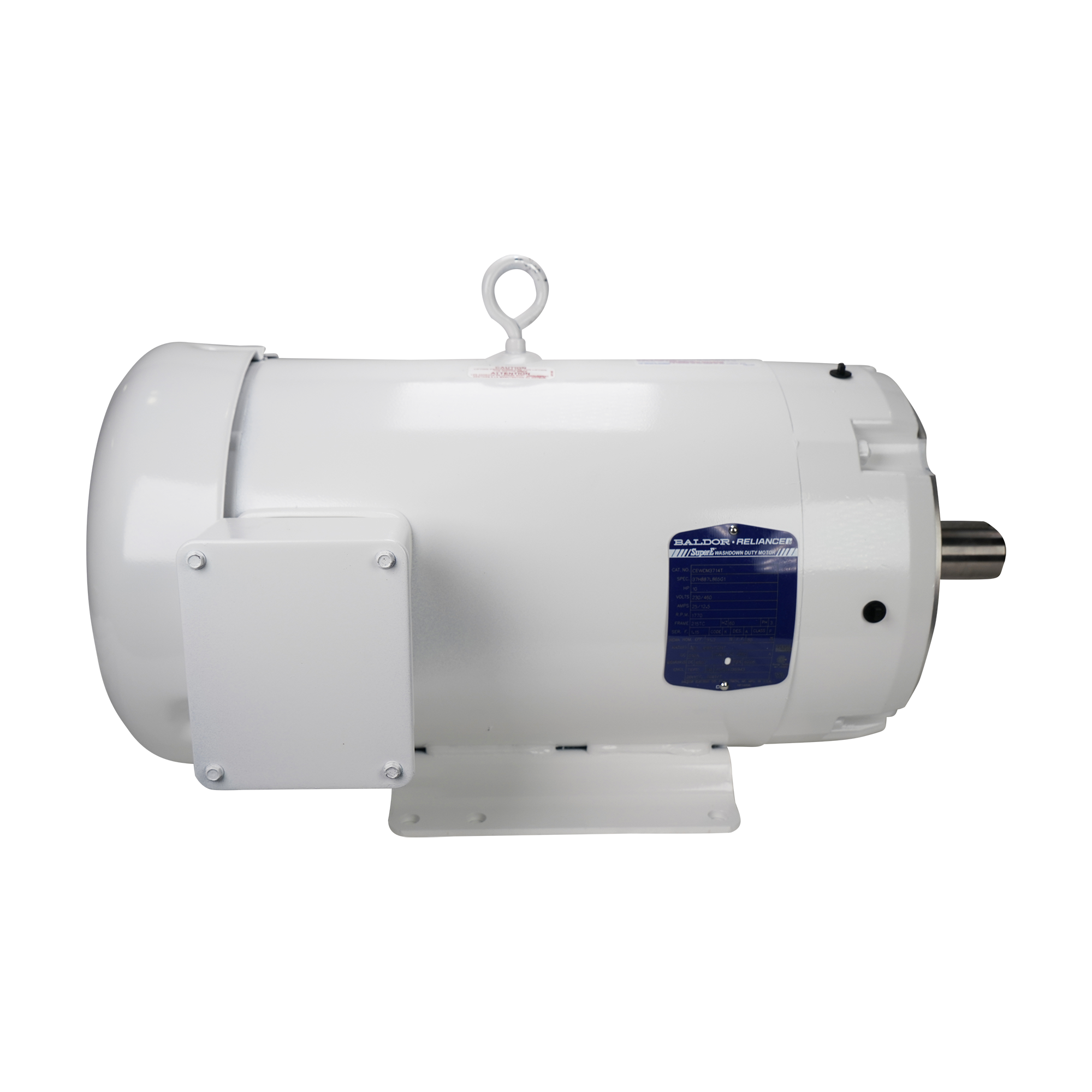 10HP motor, 3600 RPM, compatible with 3-phase 60Hz power (208V, 230V, 460V), washdown-rated, 215TC frame, IP55 protection, manufactured by Baldor.
