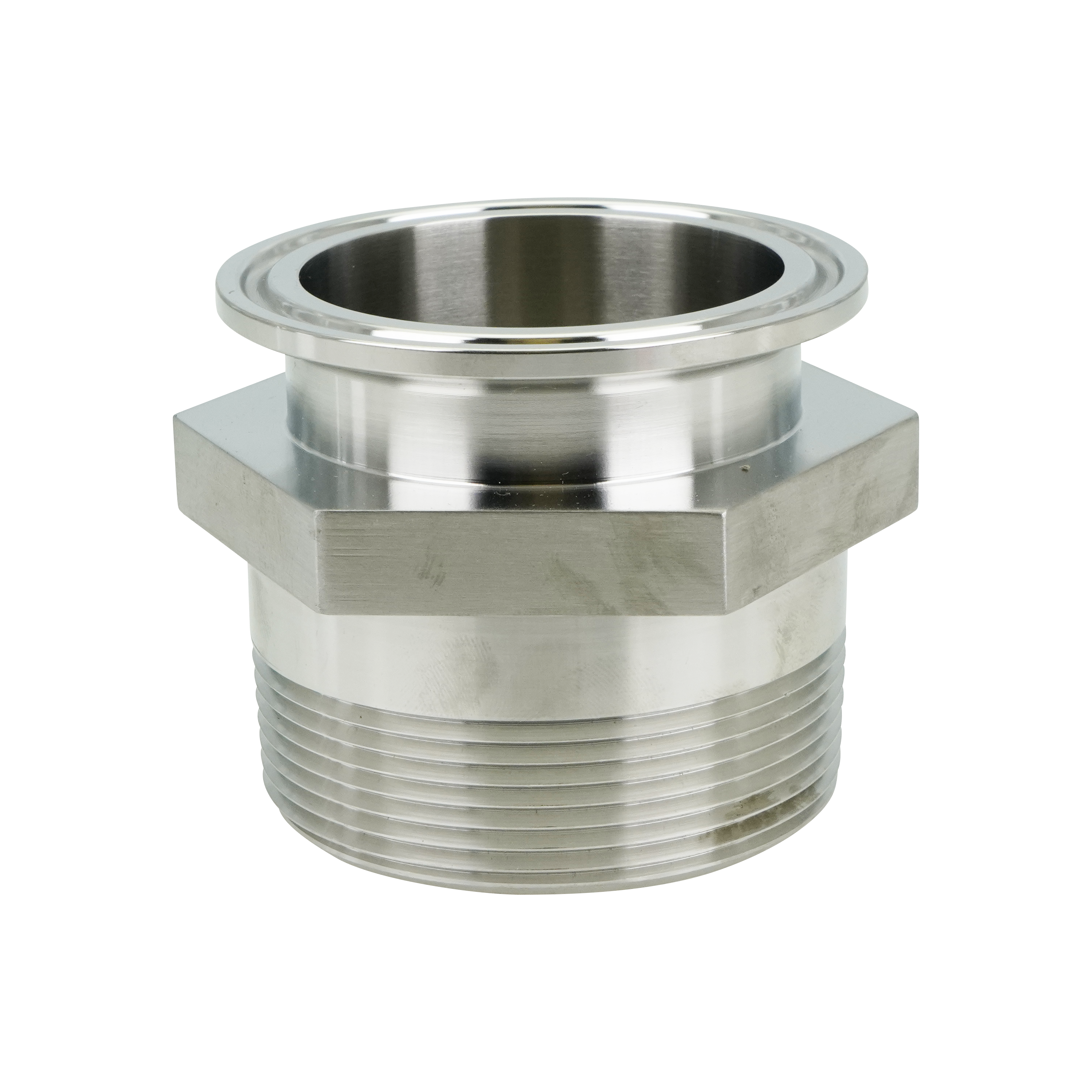 adapter, 2-inch Tri-Clamp x 2-inch male pipe thread, made from 304 stainless steel, with 32RA interior and exterior surface finish