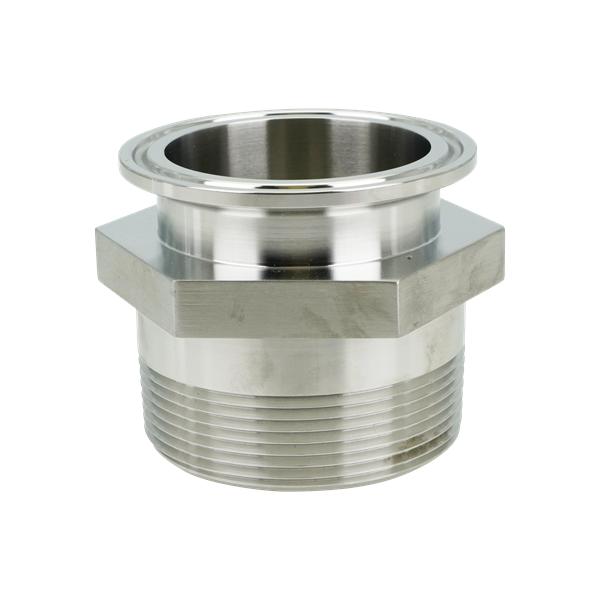 adapter, 2-inch Tri-Clamp x 2-inch male pipe thread, made from 304 stainless steel, with 32RA interior and exterior surface finish