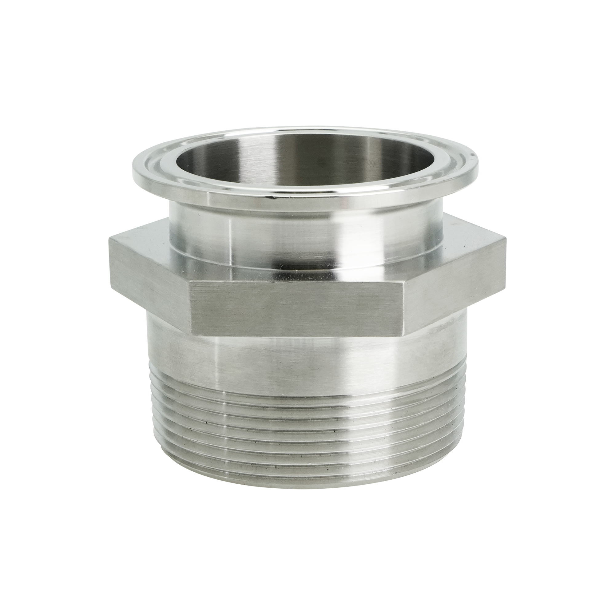 adapter, 2-inch Tri-Clamp to 2-inch male pipe thread, made from 316L stainless steel, with 20RA interior and 32RA exterior surface finish