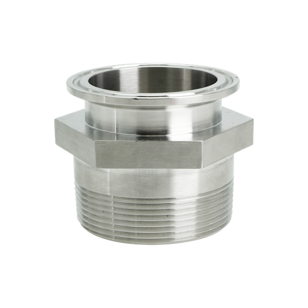 adapter, 2-inch Tri-Clamp to 2-inch male pipe thread, made from 316L stainless steel, with 20RA interior and 32RA exterior surface finish