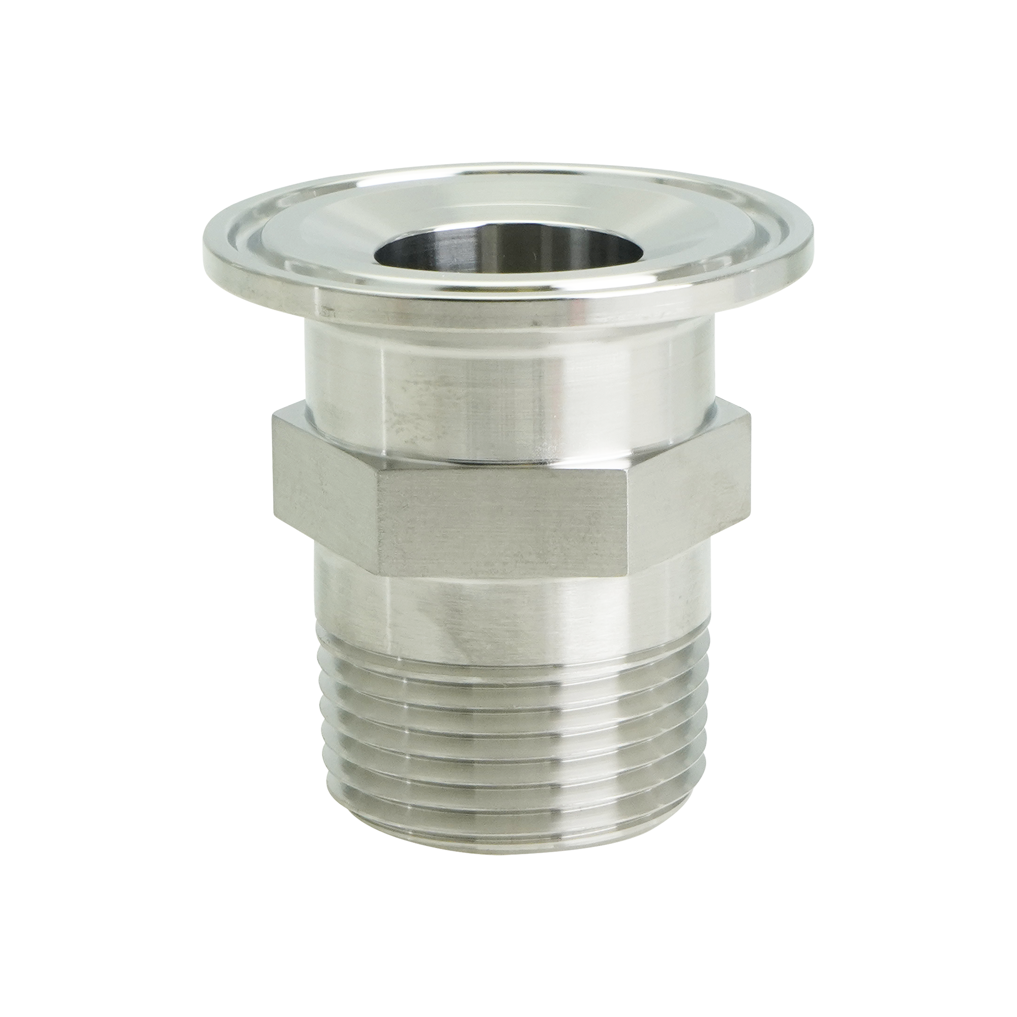 Adapter, 1.5-inch tri-clamp to 1.25-inch MPT, made from 304 stainless steel, with a 32RA internal and external finish.
