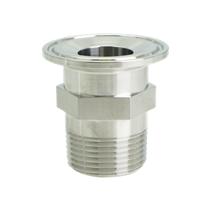 Adapter, 1.5-inch tri-clamp to 1.25-inch MPT, made from 304 stainless steel, with a 32RA internal and external finish.