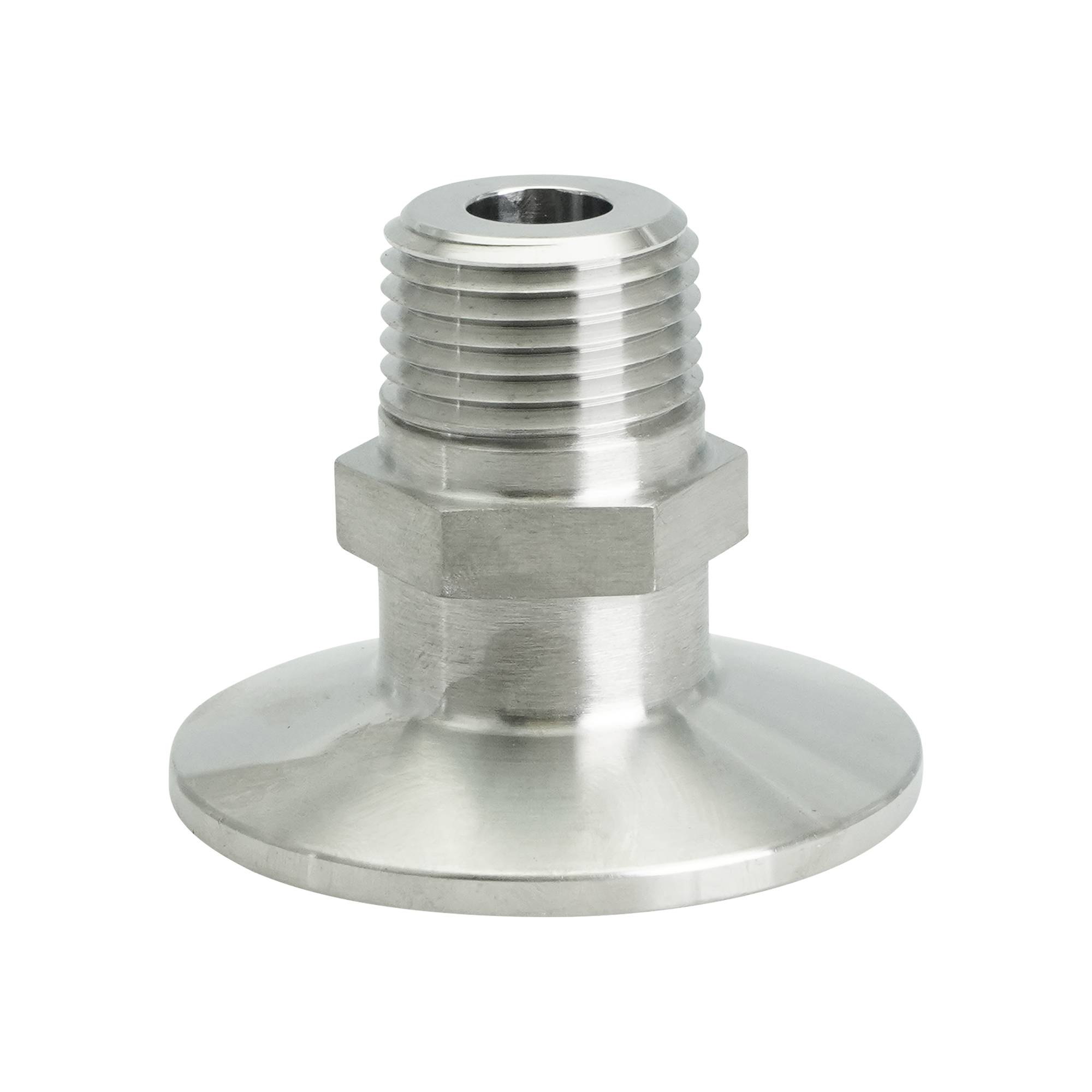1.5-inch tri-clamp to 0.5-inch MPT adapter, made from 316L stainless steel, featuring a 32RA internal and external finish.
