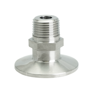 1.5-inch tri-clamp to 0.5-inch MPT adapter, made from 316L stainless steel, featuring a 32RA internal and external finish.