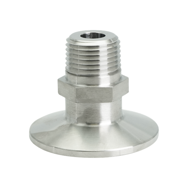 1.5-inch tri-clamp to 0.5-inch MPT adapter, made from 316L stainless steel, featuring a 32RA internal and external finish.