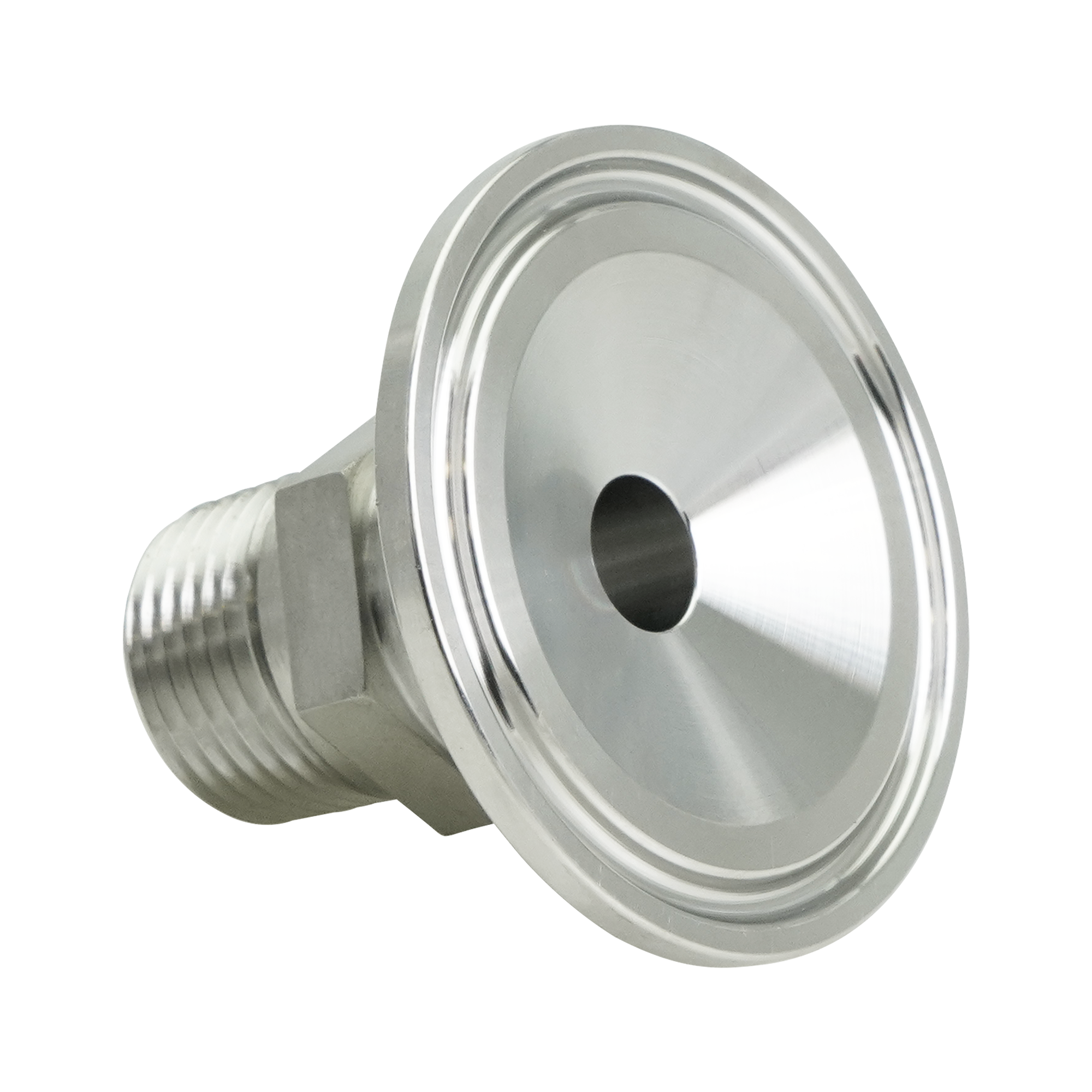 Adapter for 1.5-inch tri-clamp to 0.5-inch MPT connections, made from 316L stainless steel, featuring a 20RA internal finish and a 32RA external finish.