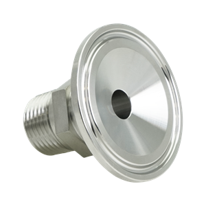 Adapter for 1.5-inch tri-clamp to 0.5-inch MPT connections, made from 316L stainless steel, featuring a 20RA internal finish and a 32RA external finish.