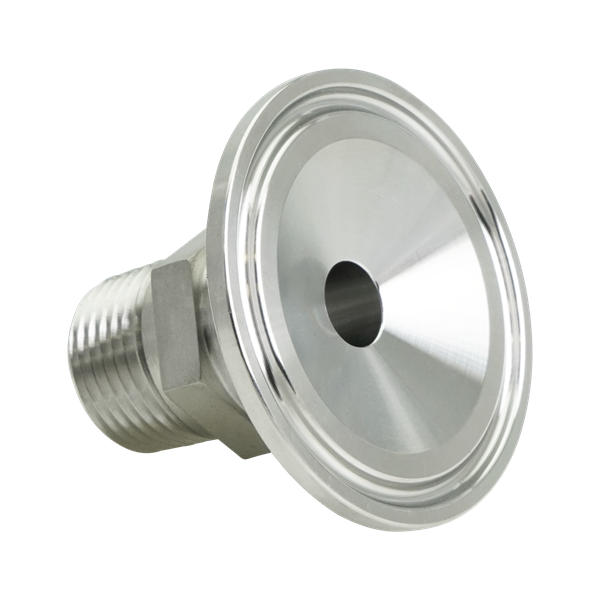 Adapter for 1.5-inch tri-clamp to 0.5-inch MPT connections, made from 316L stainless steel, featuring a 20RA internal finish and a 32RA external finish.