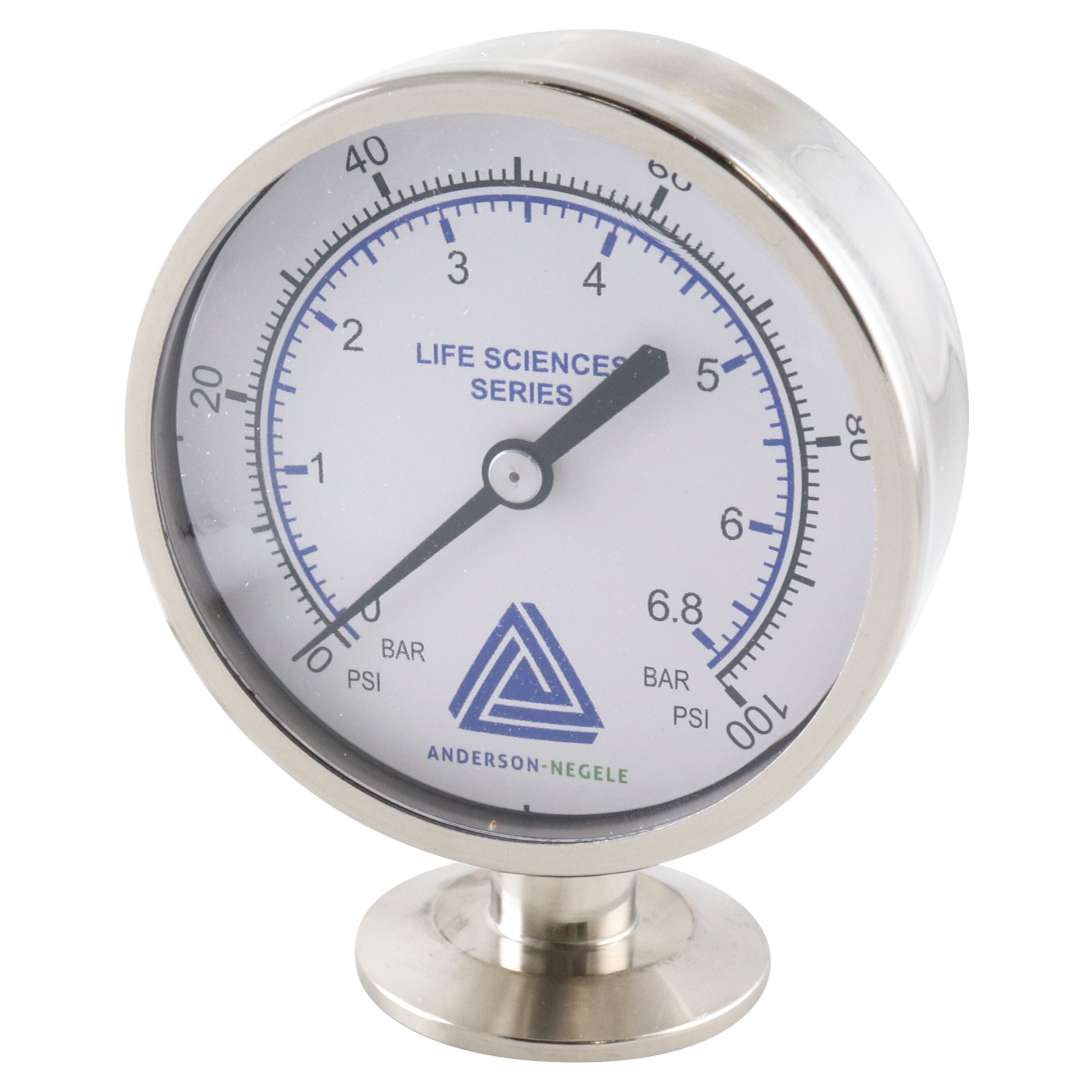 Mini pressure gauge 0.75" tri-clamp, bottom mount, 0–100 PSI, 2.5" dial, glycerin fill, Anderson
