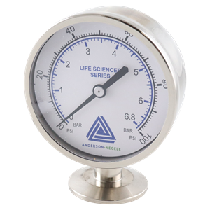 Mini pressure gauge 0.75" tri-clamp, bottom mount, 0–100 PSI, 2.5" dial, glycerin fill, Anderson