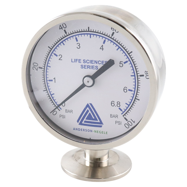 Mini pressure gauge 0.75" tri-clamp, bottom mount, 0–100 PSI, 2.5" dial, glycerin fill, Anderson